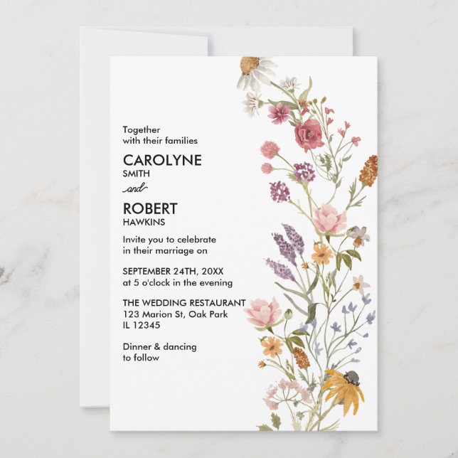 Invitation Fleur sauvage Whimsical Elegant Boho Mariage (Devant)