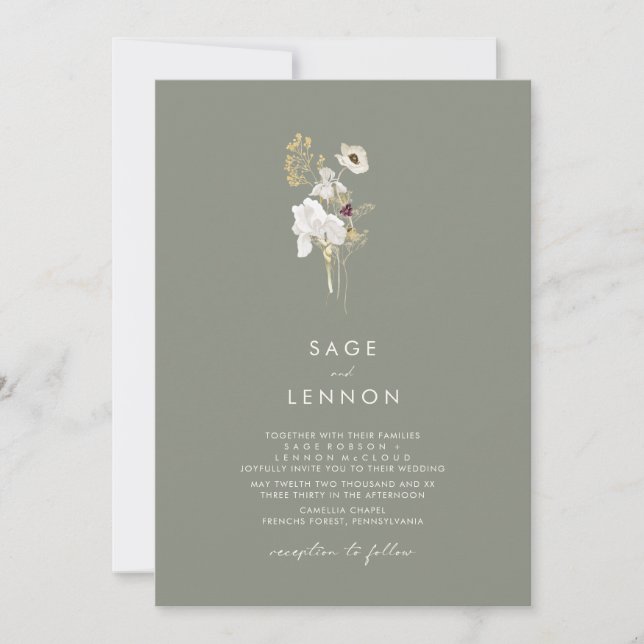 Invitation Fleur sauvage Whimsical simple | Mariage vert Sage (Devant)