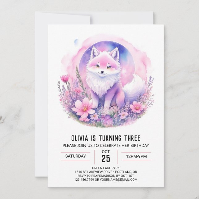 Invitation Fleur sauvage Wolf Girl Anniversaire (Devant)