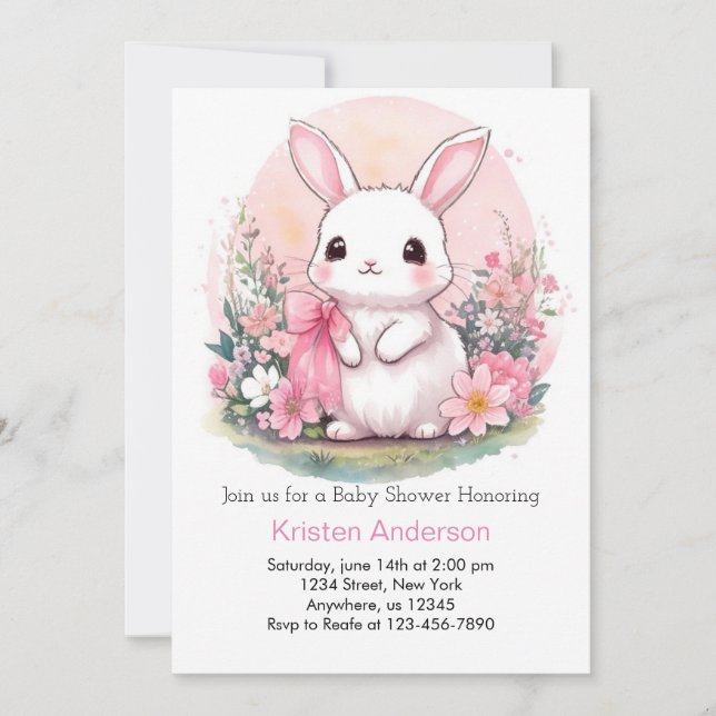 Invitation Fleur sauvage Wonderland Bunny Girl Baby shower (Devant)