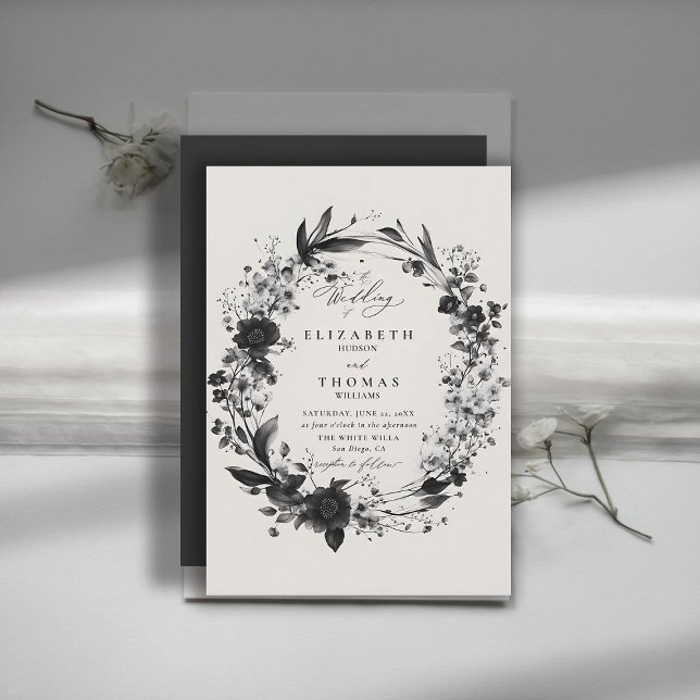 Invitation Fleur sauvage Wreath Moderne Chic Mariage élégant (wildflowers wedding invitation black white floral wreath frame elegant modern romantic boho)