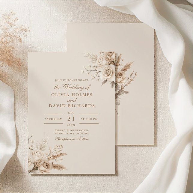 Invitation Fleur séchée beige rustique et Mariage Roses blanc (Rustic Beige Dried Flower & White Roses Wedding Invitation on an elegant silky tablecloth.)