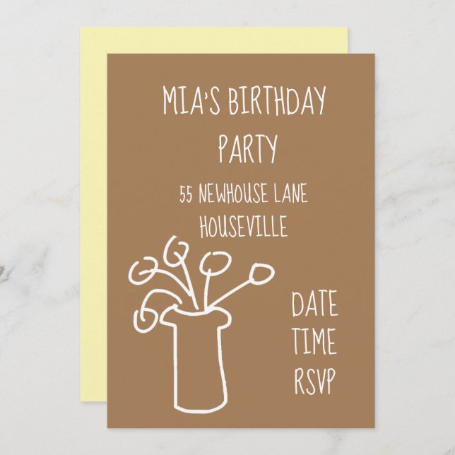 Invitation Fleur simple moderne style boho Party (Devant / Derrière)