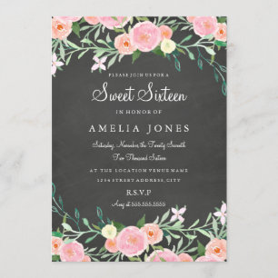 Invitation Fleur Sweet Sixteen Tableau Noir Rose