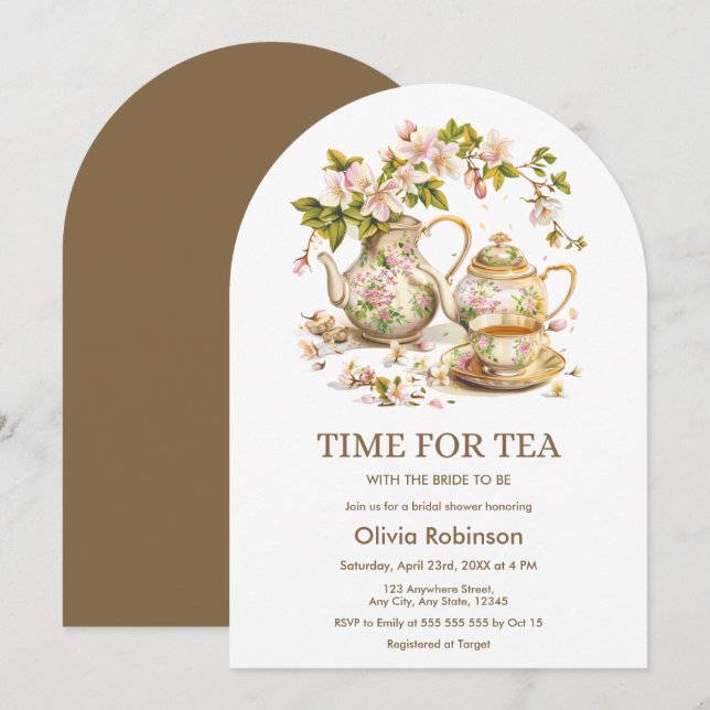 Invitation Fleur Teapot Time pour Fête des mariées de thé (Devant / Derrière)