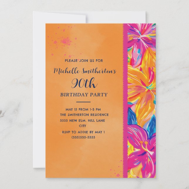 Invitation Fleur Tropical Orange Rose pour 90e Anniversaire (Devant)
