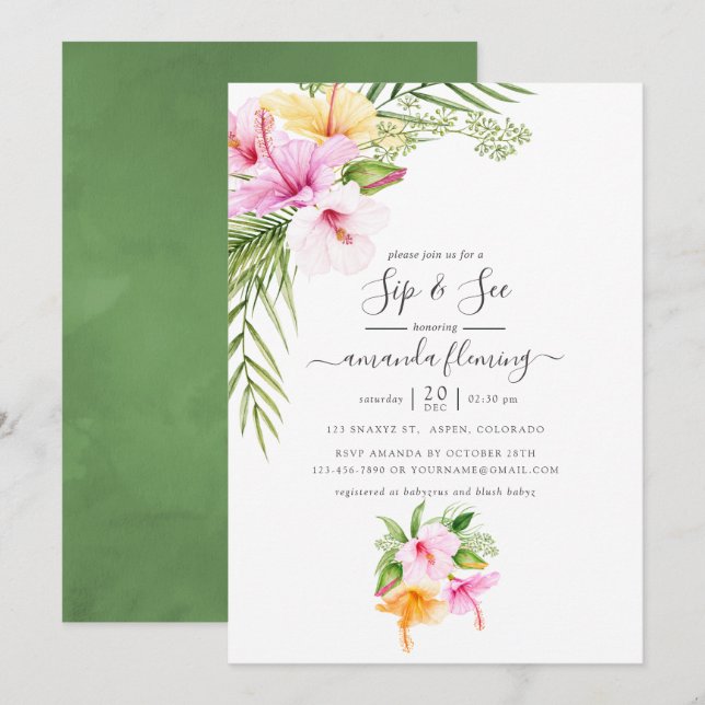 Invitation Fleur tropicale aquarelle Sip and See (Devant / Derrière)