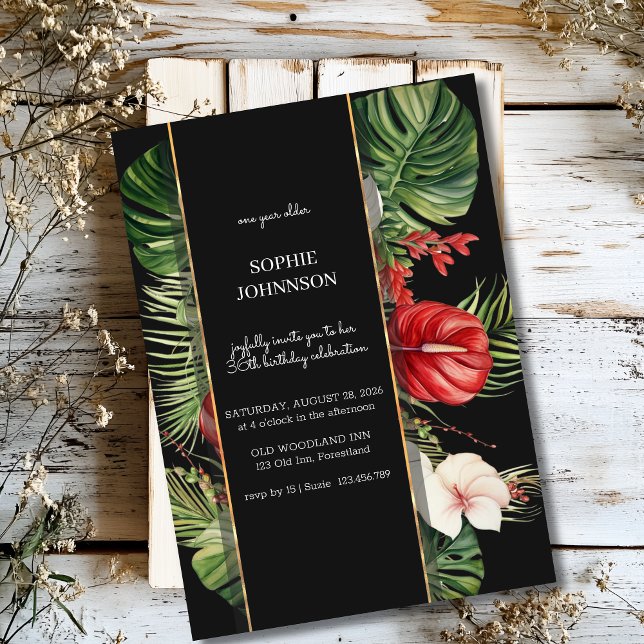 Invitation Fleur tropicale et anniversaire sombre feuille (Créateur téléchargé)