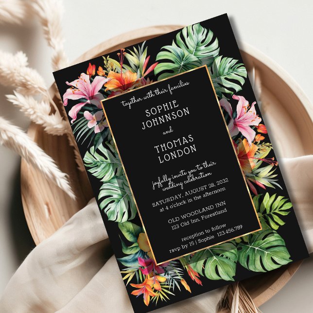 Invitation Fleur tropicale et feuilles mariage aquarelle fonc (Créateur téléchargé)