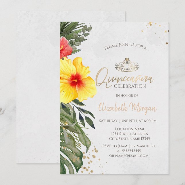 Invitation Fleur tropicale hibiscus été Quinceañera (Devant / Derrière)