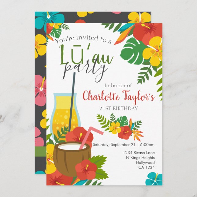 Invitation Fleur tropicale Luau (Devant / Derrière)