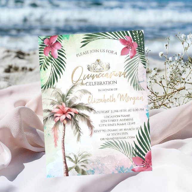Invitation Fleur Tropicale Palmier Été Quinceañera (Créateur téléchargé)