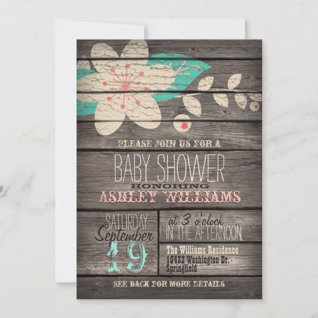 Invitation Fleur Turquoise & Rose, Baby shower Rustique (Devant)