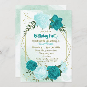 Invitation fleur turquoise vert feuilles anniversaire