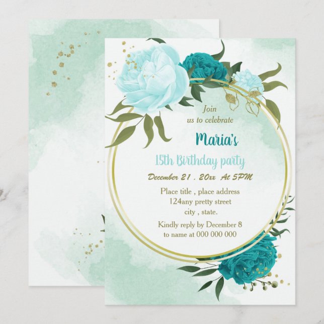 Invitation fleur turquoise vert feuilles anniversaire (Devant / Derrière)