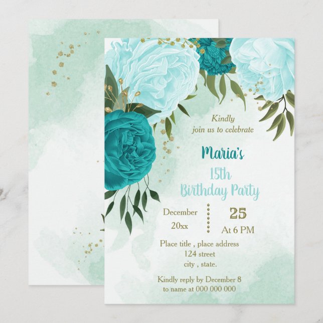 Invitation fleur turquoise vert feuilles anniversaire (Devant / Derrière)