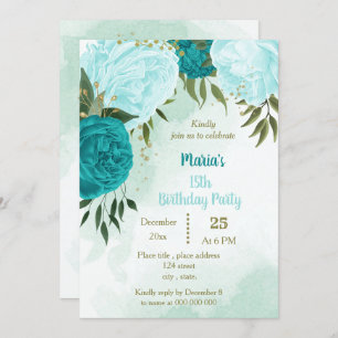 Invitation fleur turquoise vert feuilles anniversaire