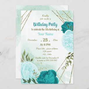 Invitation fleur turquoise vert feuilles anniversaire