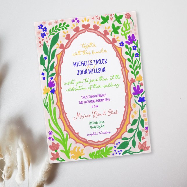 Invitation Fleur Unique Fantaisiste Doodle Dessinée à la Main (Unique Whimsical Floral Quirky Doodle Hand Drawn Invitation)