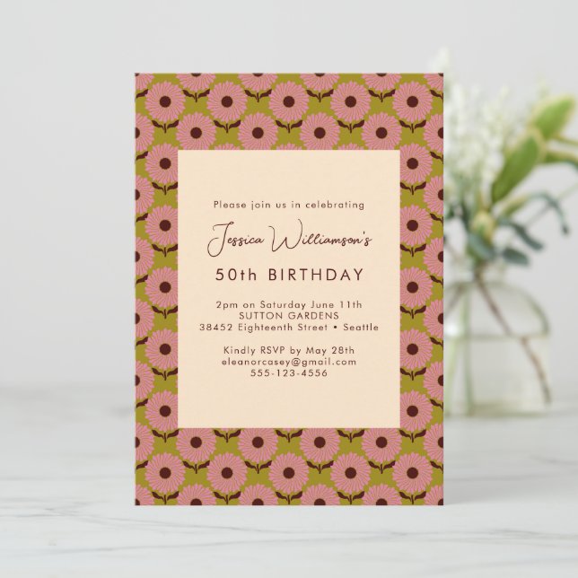 Invitation Fleur verte rose Boho Retro Super 50e anniversaire (Debout devant)