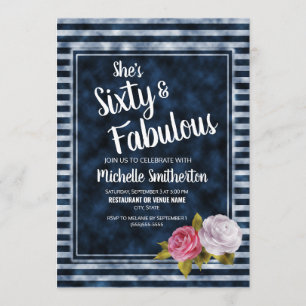 Invitation Fleur vintage bleu blanc rayure 60e anniversaire