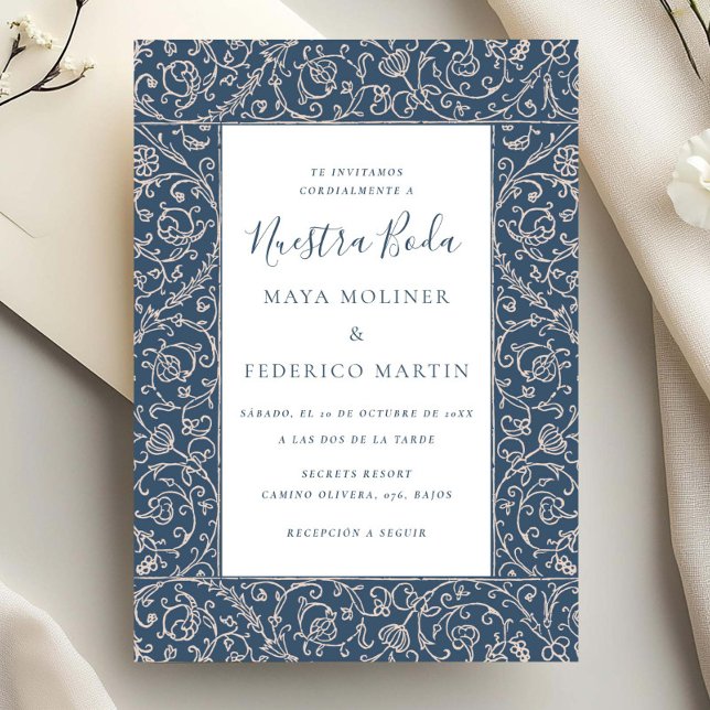 Invitation Fleur Vintage Bleu Foncé Nuestra Boda Mariage (Créateur téléchargé)