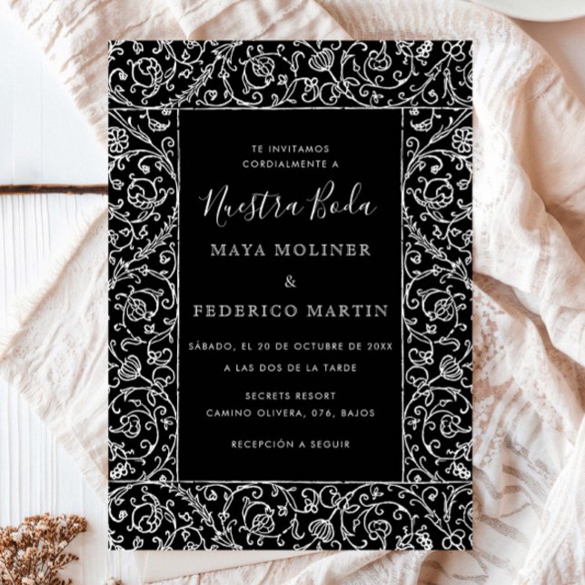 Invitation Fleur Vintage Noir & Blanc Nuestra Boda Mariage (Créateur téléchargé)