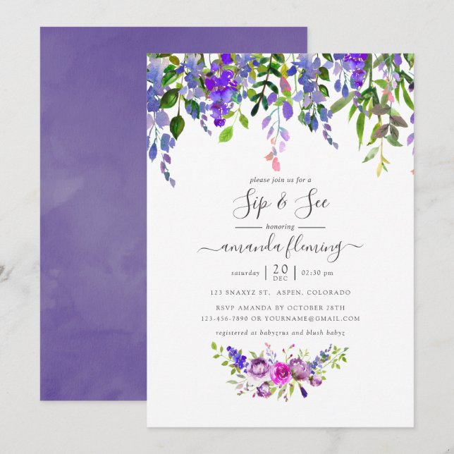 Invitation Fleur violet aquarelle Sip and See (Devant / Derrière)