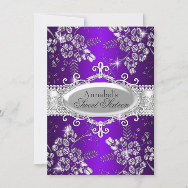 Invitation Fleur Violet Argent Étincelle Sweet 16 (Devant)