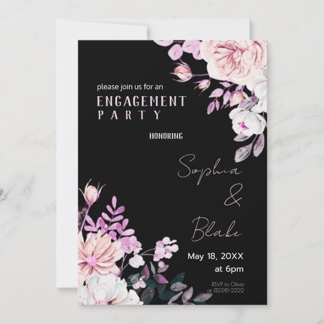 Invitation Fleur violet et blanc Black Engagement Party (Devant)