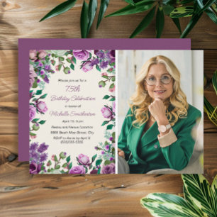 Invitation Fleur Violet Menthe Verte 75e Anniversaire Photo
