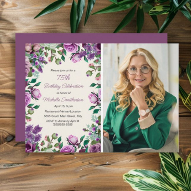 Invitation Fleur Violet Menthe Verte 75e Anniversaire Photo  (Purple watercolor floral and green leaves women's 75th birthday party photo invitation)