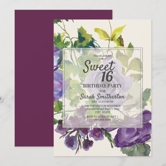 Invitation Fleur violet prune aquarelle verte feuille douce 1 (Devant / Derrière)