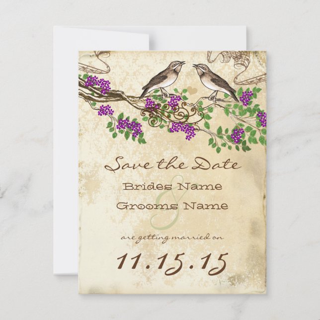 Invitation Fleur violette Branche Vintage Oiseaux Mariage RSV (Devant)