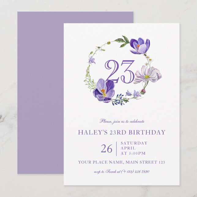 Invitation Fleur violette Fleur sauvage Vintage 23e Anniversa (Devant / Derrière)