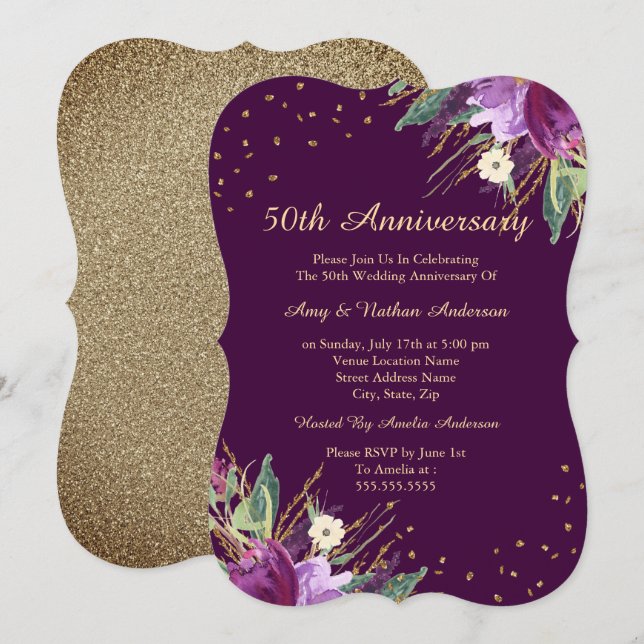 Invitation Fleur violette or aquarelle 50e anniversaire (Devant / Derrière)