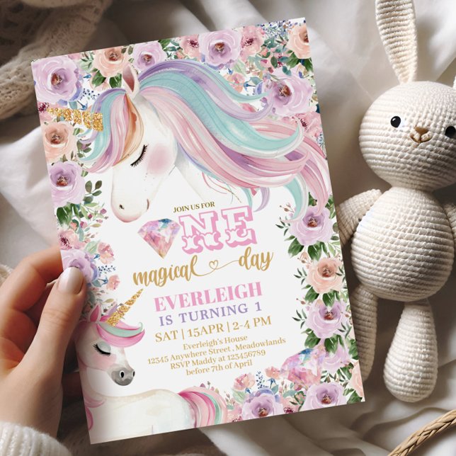Invitation Fleur violette Unicorne magique 1er anniversaire (Créateur téléchargé)