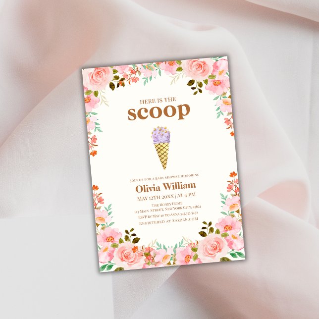 Invitation Fleur Voici le Baby shower de crème glacée Scoop (Flower Here's The Scoop Ice Cream Baby Shower Invitation)