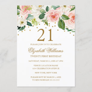 Invitation Fleurale Aquarelle Or Rose 21e Anniversaire