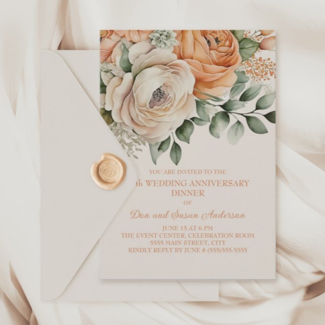Invitation Fleurale Crème Orange Pêche 25e Anniversaire (Peach and cream-colored 25th wedding anniversary dinner party invitation)