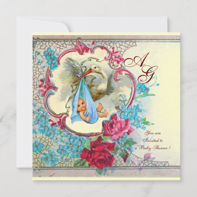 INVITATION FLEURI BLEU STORK GARÇON BABY SHOWER ROSE ROSE ROS (Devant)