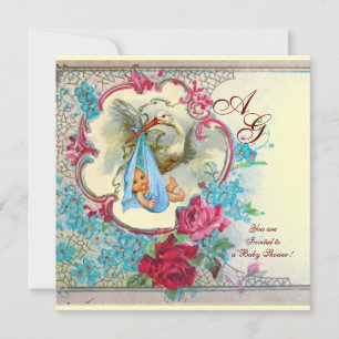 INVITATION FLEURI BLEU STORK GARÇON BABY SHOWER ROSE ROSE ROS