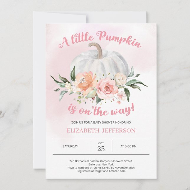 Invitation Fleuri rose doux, un petit baby shower citrouille (Devant)