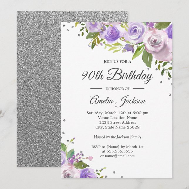 Invitation Fleurie 90 ans avec Étincelle Argent Vi (Devant / Derrière)
