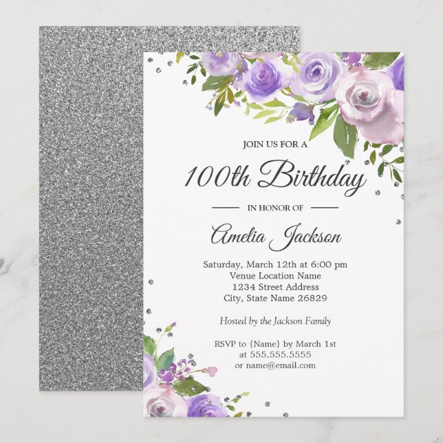 Invitation Fleurie Anniversaire 100 Ans Étincelle  (Devant / Derrière)