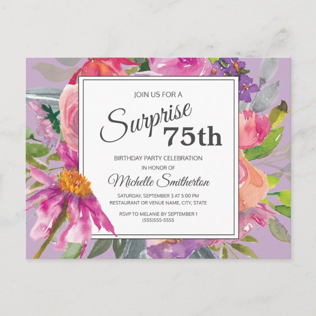 Invitation Fleurie Aquarelle 75e Anniversaire Rose (Devant)