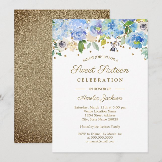 Invitation Fleurie Aquarelle Bleue Dorée pour une  (Devant / Derrière)