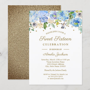 Invitation Fleurie Aquarelle Bleue Dorée pour une