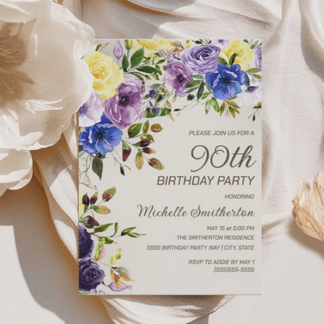 Invitation Fleurie Aquarelle Jaune Violet pour 90e (Purple and yellow watercolor floral 90th birthday party invitation)