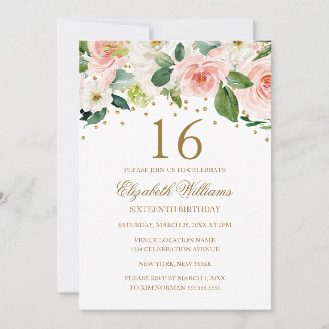 Invitation Fleurie Aquarelle Or Rose pour 16e Anni (Devant)